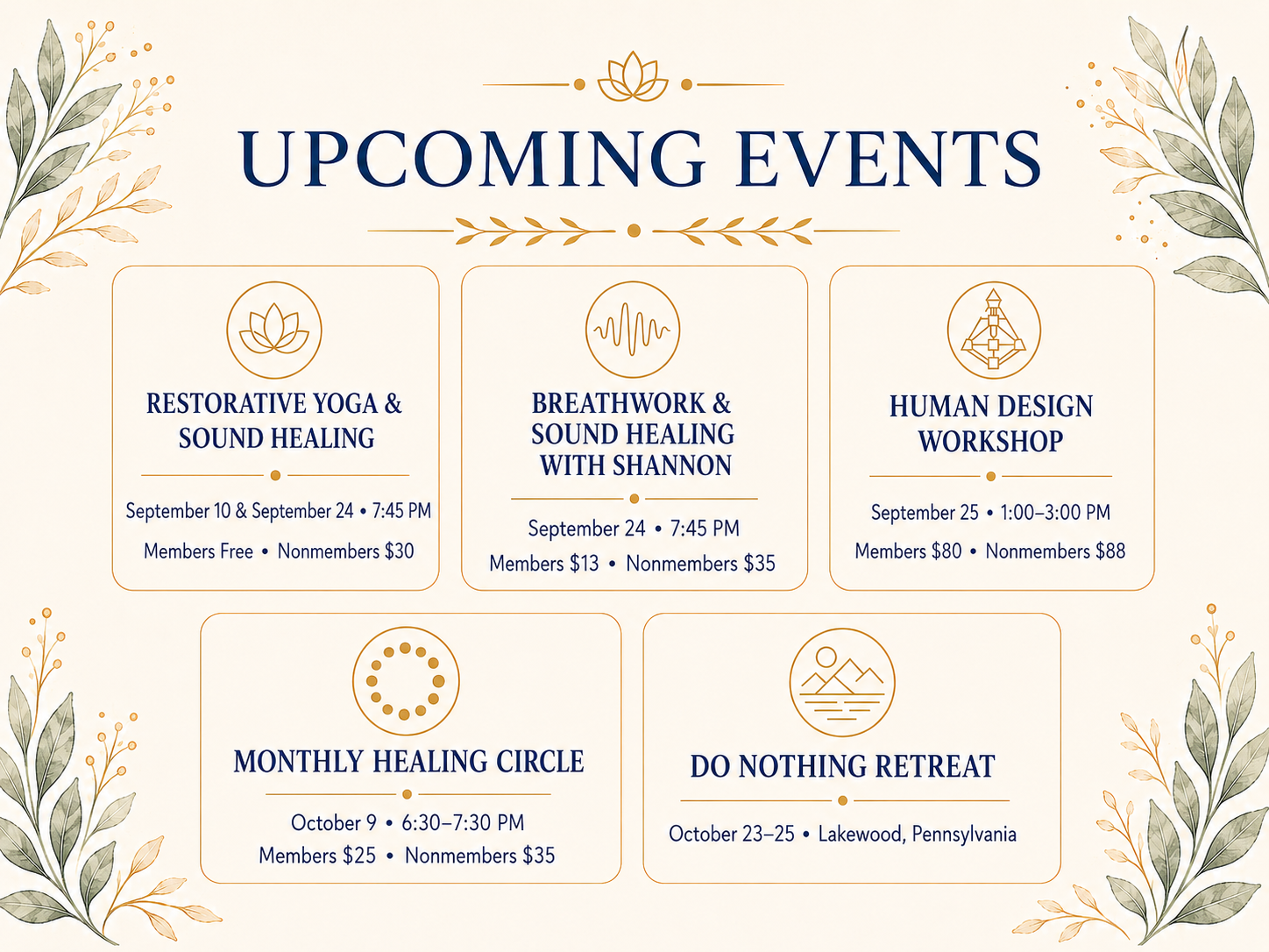 A poster listing upcoming wellness events with decorative floral borders. Events include restorative yoga and sound healing, breathwork with Shannon, human design workshop, monthly healing circle, and a retreat in Lakewood, Pennsylvania.