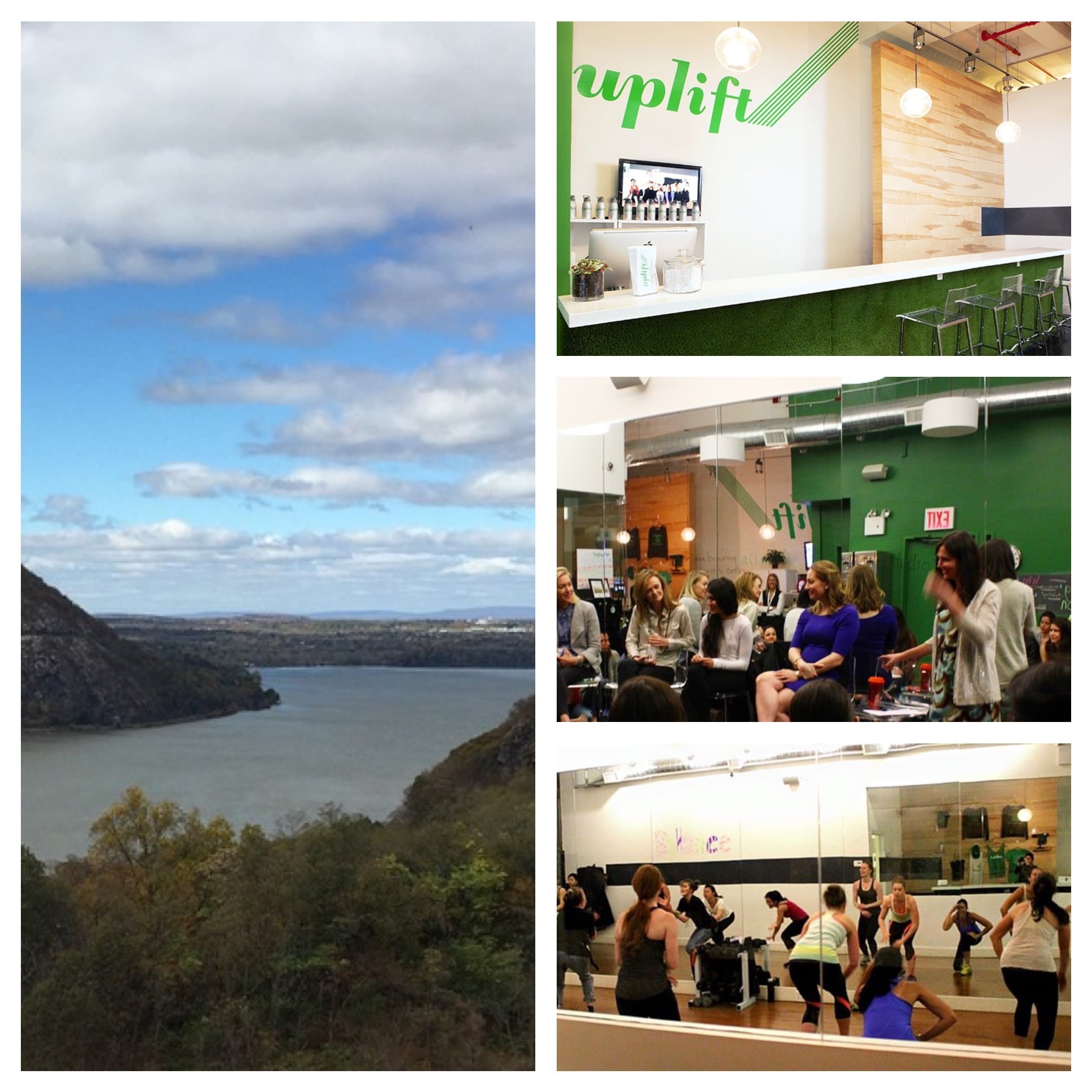Left: View from our hike. Right: Photos from Uplift's website and Facebook page (top to bottom: bar/check in area, photo from the panel I attended in the personal training area, shot of a class in the group fitness studio).