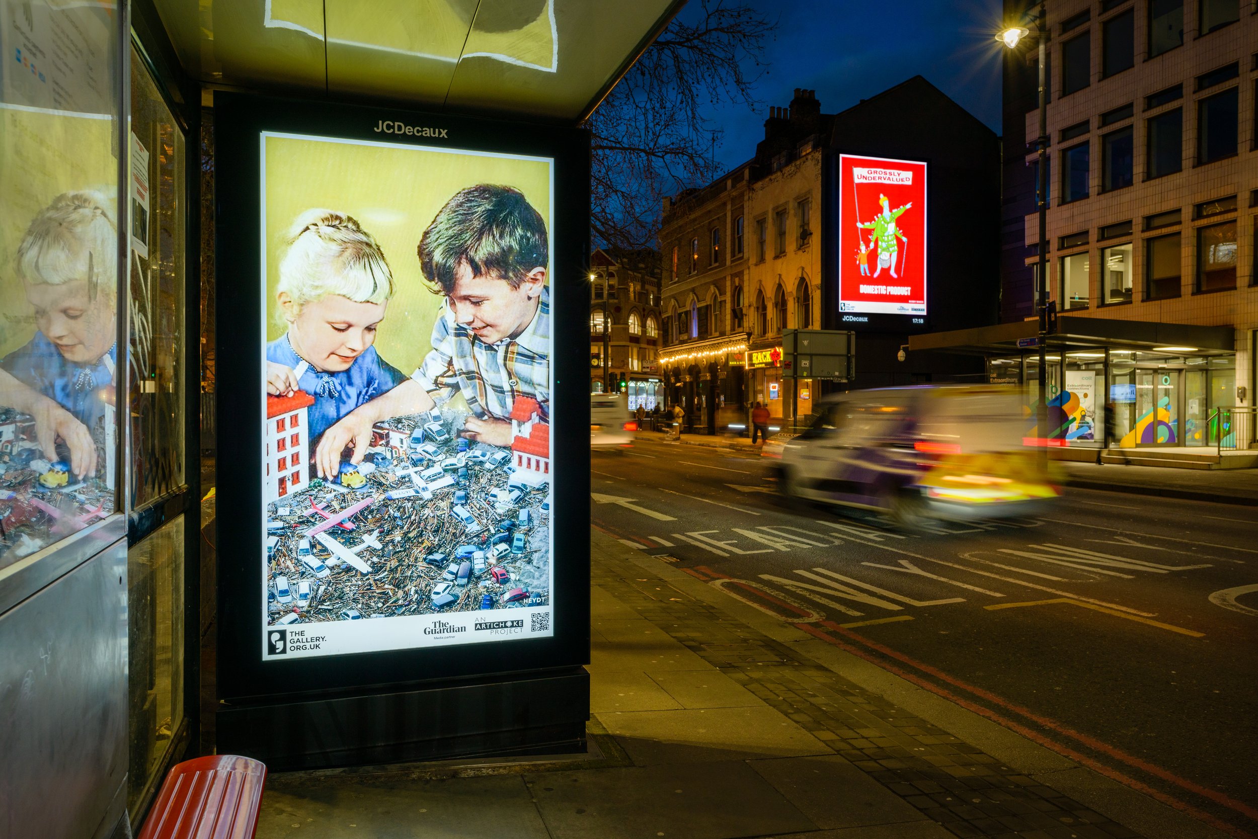 ‘Last to inherit’ (2020) by HEYDT and ‘GROSSLY UNDERVALUED DOMESTIC PRODUCT’ (2022) by Bobby Baker. The Gallery, Season 2, 2023. Produced by Artichoke. Photo by Yves Salmon. Shoreditch Showcase X bus shelter, London.JPG