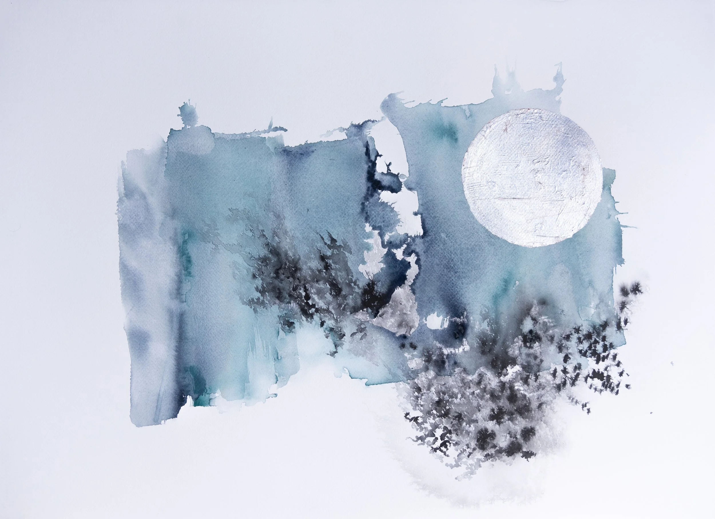  22×30 inch watercolor with semi ink and sterling silver leaf 