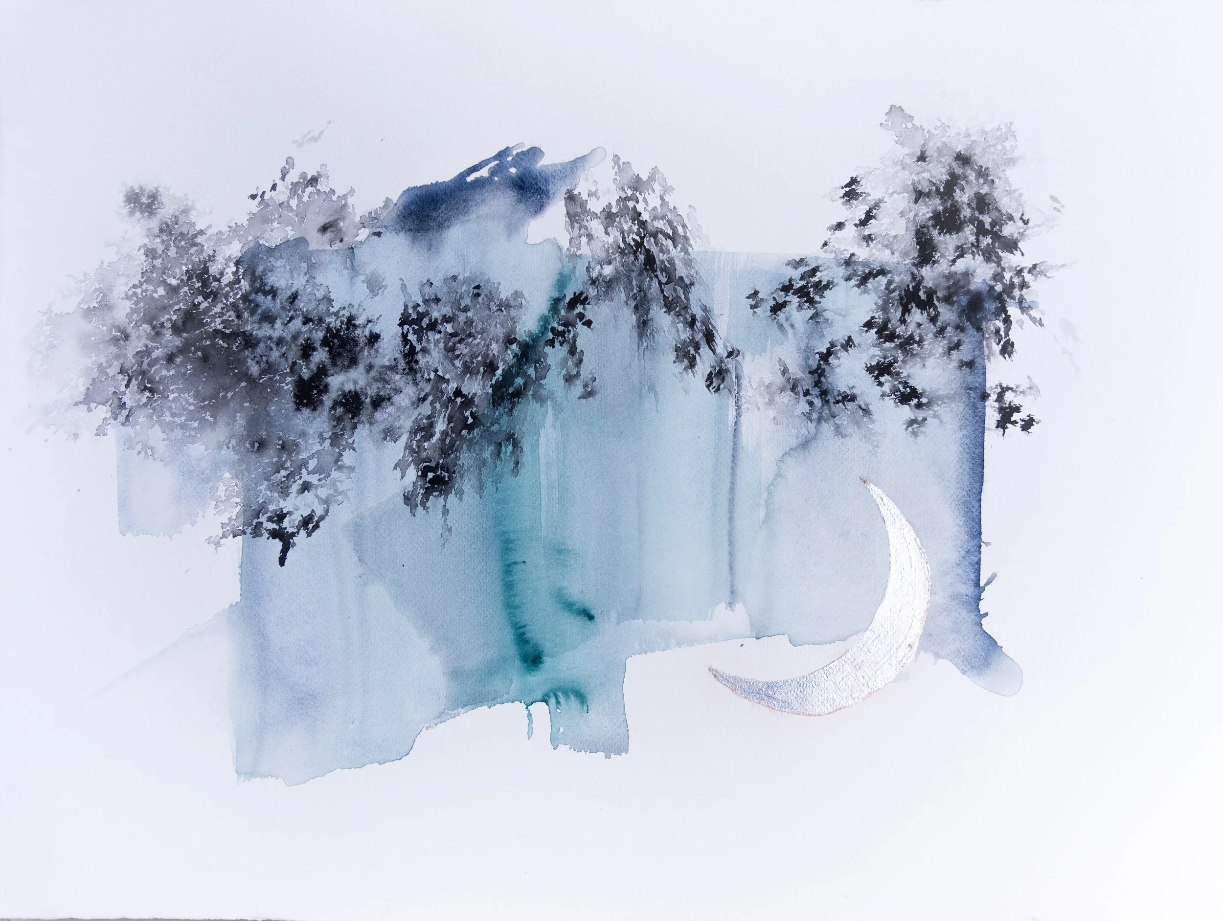  22×30 inch watercolor with semi ink and sterling silver leaf 