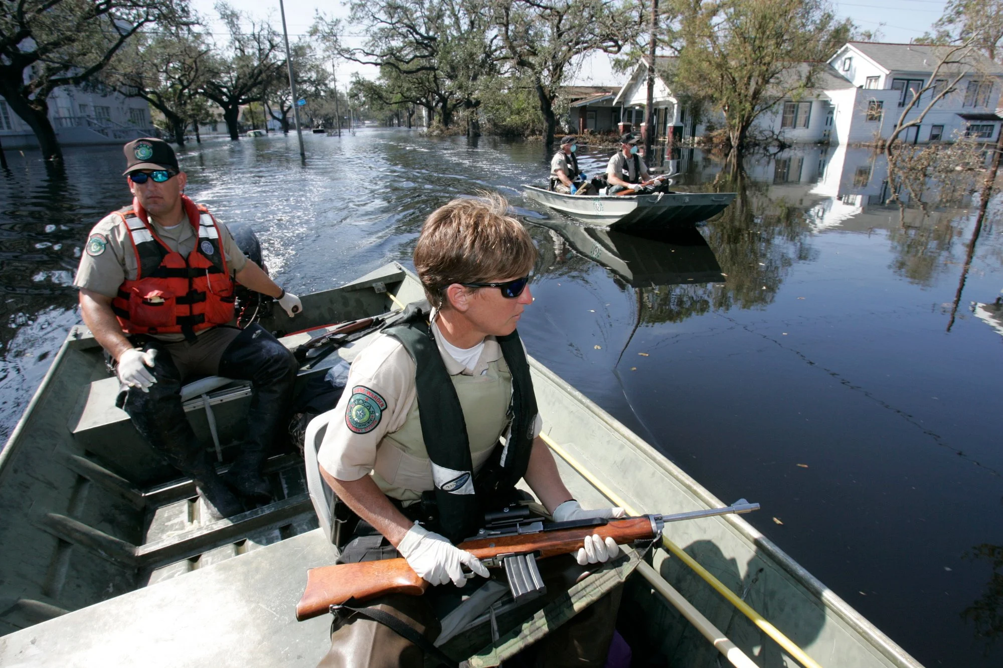 Texas Game Wardens patrol New Orlean's 9th ward in aftermath of Hurricane Katrina.