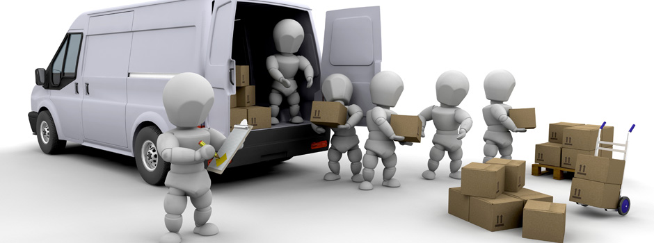Cartoon picture of the open back of a moving van with six stick figure type people unloading cardboard boxes