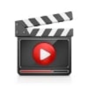Icon of a movie set clap board with a white on red play button on the front