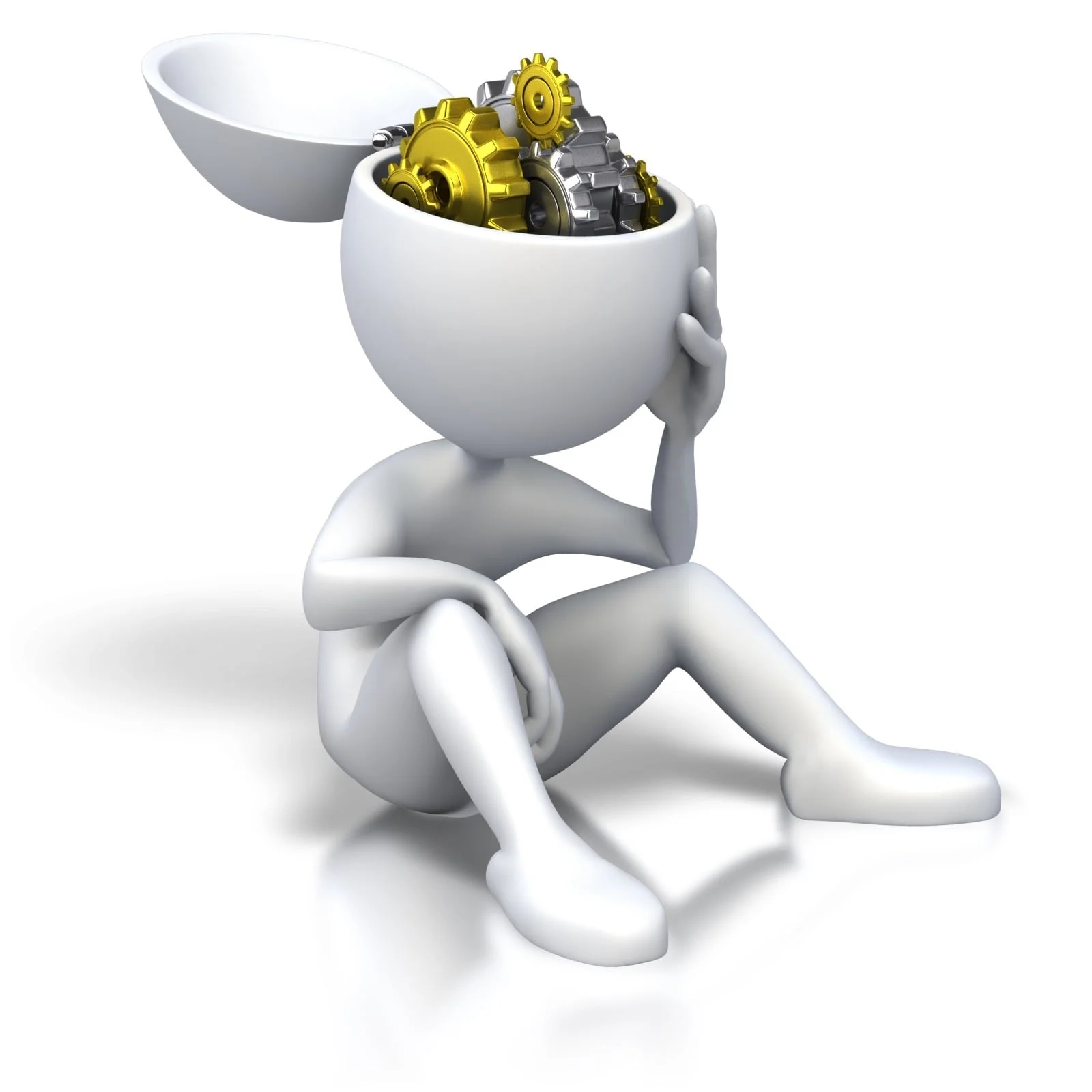 Illustration of a white 3-d stick figure sitting on the floor hand on chin, with head opened at the top, gears where the brain would be.