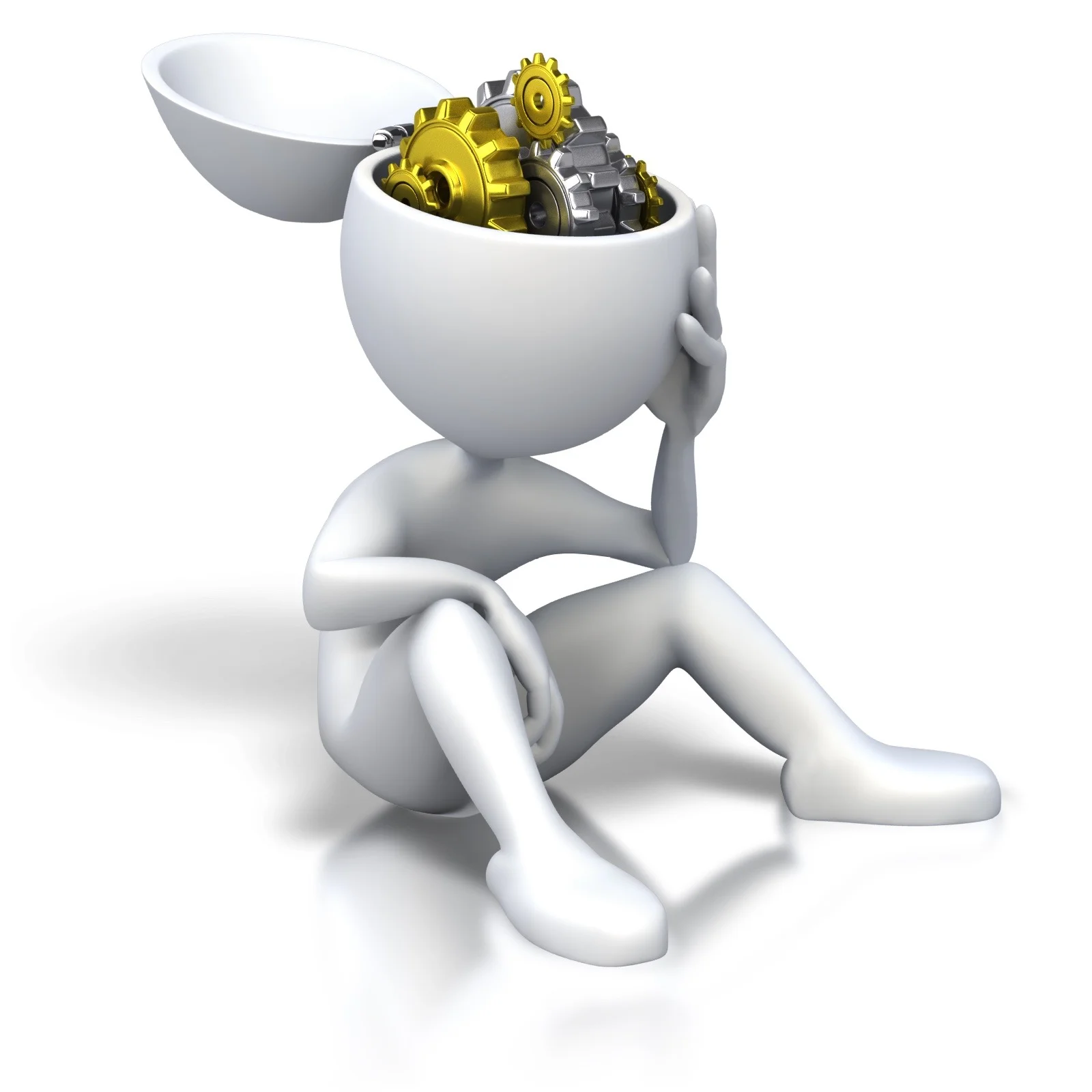 Illustration of a 3-d white stick figure person sitting on the floor, thinking, with top of head tipped back to display gears for brains