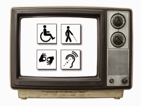 Picture of an old-style TV set with four disability symbols on the screen
