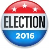 Illustration of a red, white, and blue campaign-style button reading Election 2016