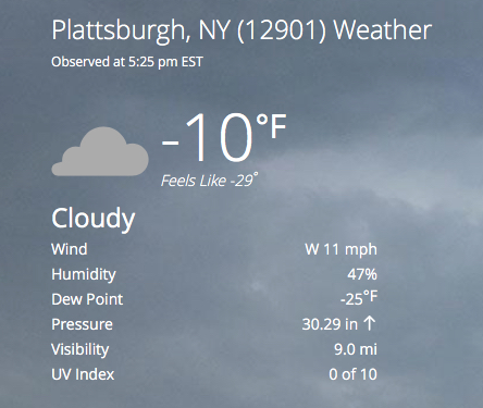Screen shot of Weather Channel report for Plattsburgh, NY Weather, showing -10 degrees with -29 degrees wind chill