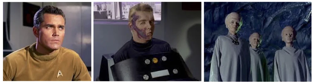 3 Star Trek pictures in a row, Capt Pike, Injured Capt Pike in a wheelchair, 3 humanoid aliens with big heads