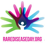 Logo of RAREDISEASEDAY.ORG, with three colored hands radiating out with a white stick figure at their base