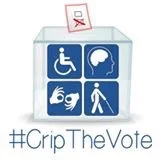 #CripTheVote, with picture of a ballot box with four disability symbols on the front