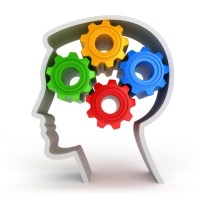 Illustration of a person's head in outline profile, with colored gears inside the head, representing thoughts