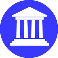Blue circle with white icon of a pillared government building