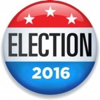 Picture of a red white and blue button reading ELECTION 2016