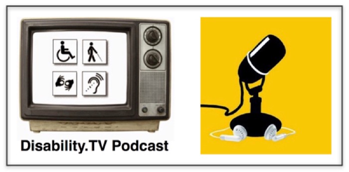Disability.TV Podcast on the left an old style television with four disability symbols on a white screen, on the right, a black silouette icon of a microphone against a yellow background
