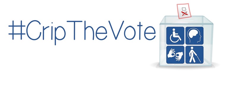#CripTheVote logo with a ballot box with four disability symbols on the front.