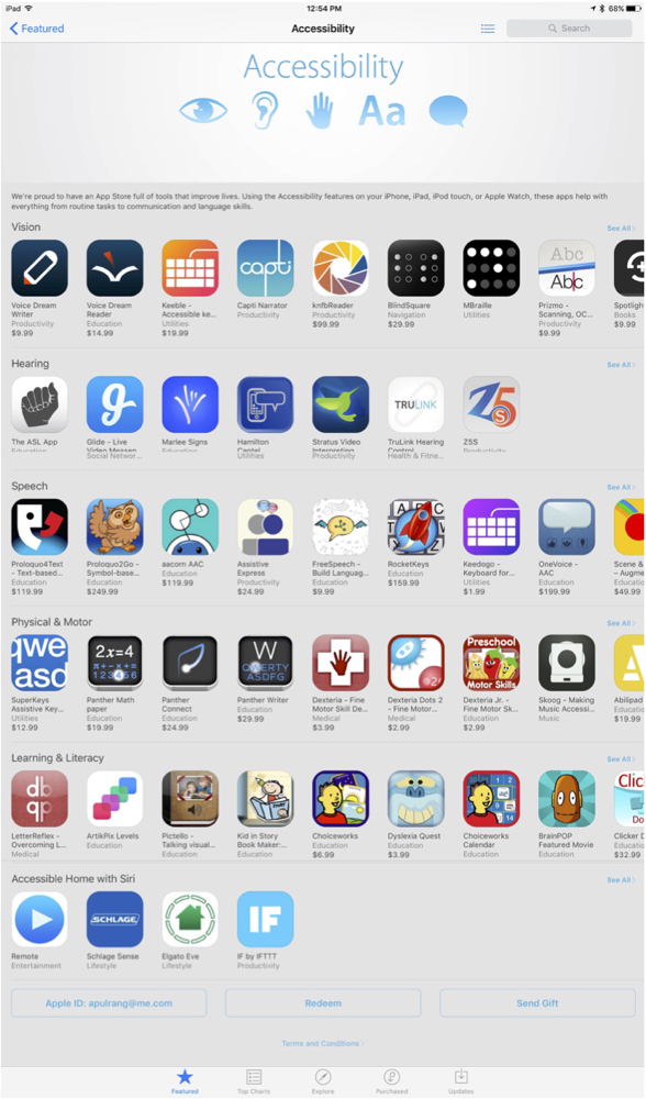 Screen shot of the Accessibility section of the iOS App Store, as displayed on an iPad