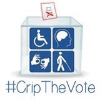 #CripTheVote logo with a ballot box with four disability symbols on the front