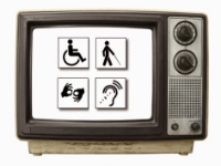 Picture of an old-style television set with four disability symbols on a white screen