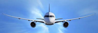 Illustration of a two-engine airliner viewed face-on in flight, with a blue sky background and a few wispy white clouds