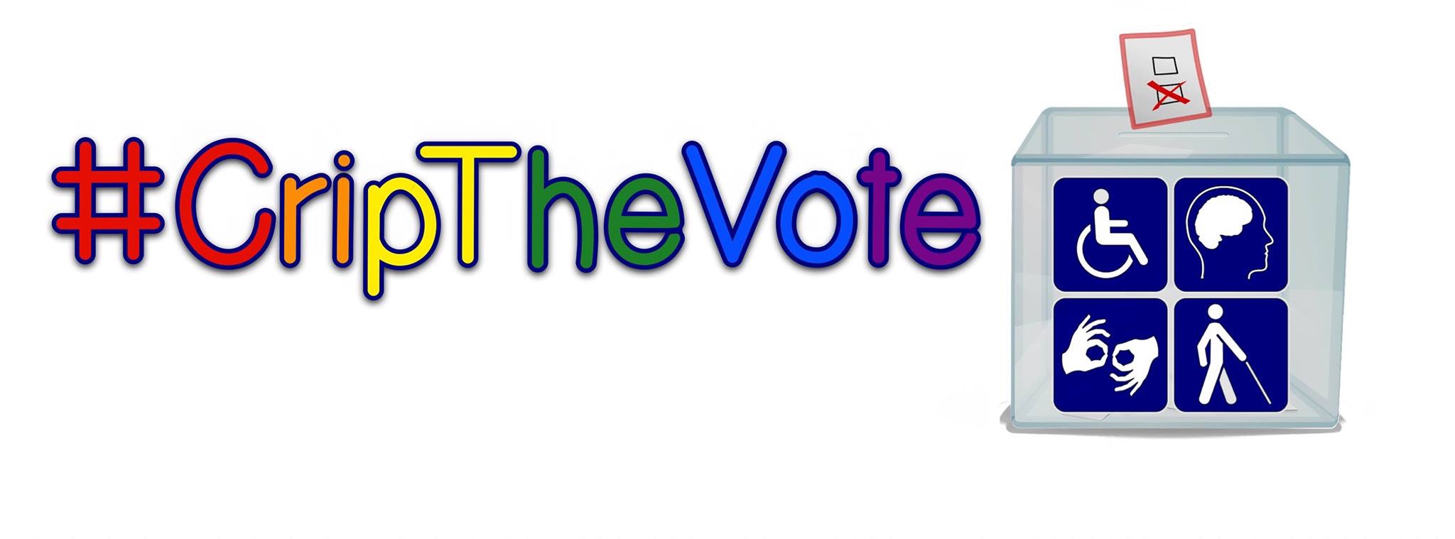 #CripTheVote logo, with title in rainbow colors, and picture of ballot box with four disability symbols on the front