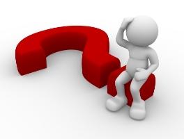 3D white stick figure sitting on a laying flat question mark, scratching head
