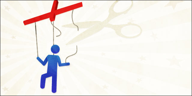Thematic illustration of a blue stick figure hanging from a marionette controller, with a pair of scissors cutting the strings
