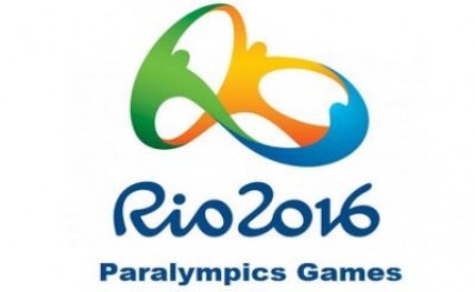 Rio 2016 Paralympics Games, with multicolored logo comprised of an abstract rearrangement of traditional Olympic rings
