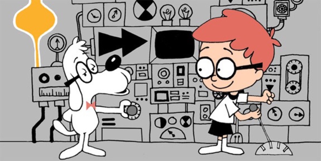 Mr. Peabody and Sherman, classic cartoon characters, in front of an elaborate wall of machinery, the "Wayback Machine" time machine. Mr. Peabody is a white dog with glasses, Sherman is a red haired boy with glasses