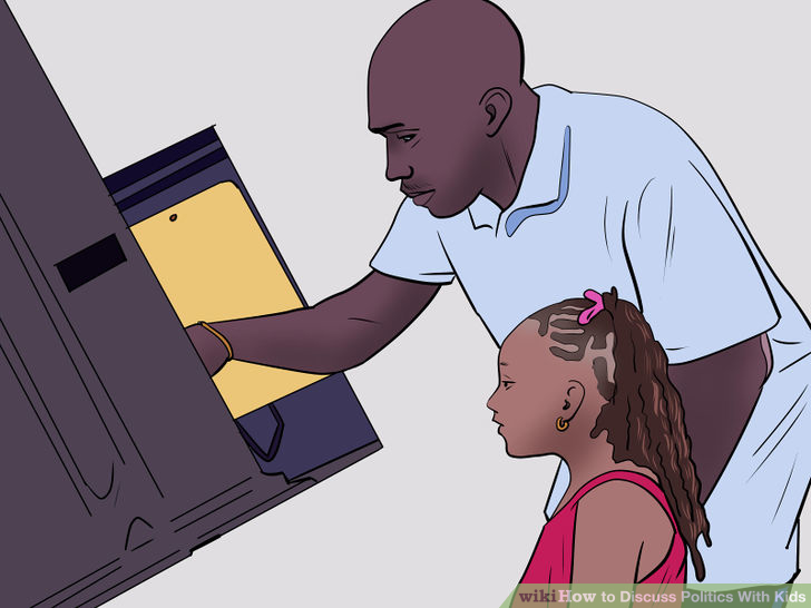 Illustration of a black man voting with his young daughter watching him