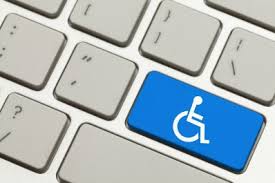 Illustration of a light grey computer keyboard, with one key colored blue with a white wheelchair symbol on it
