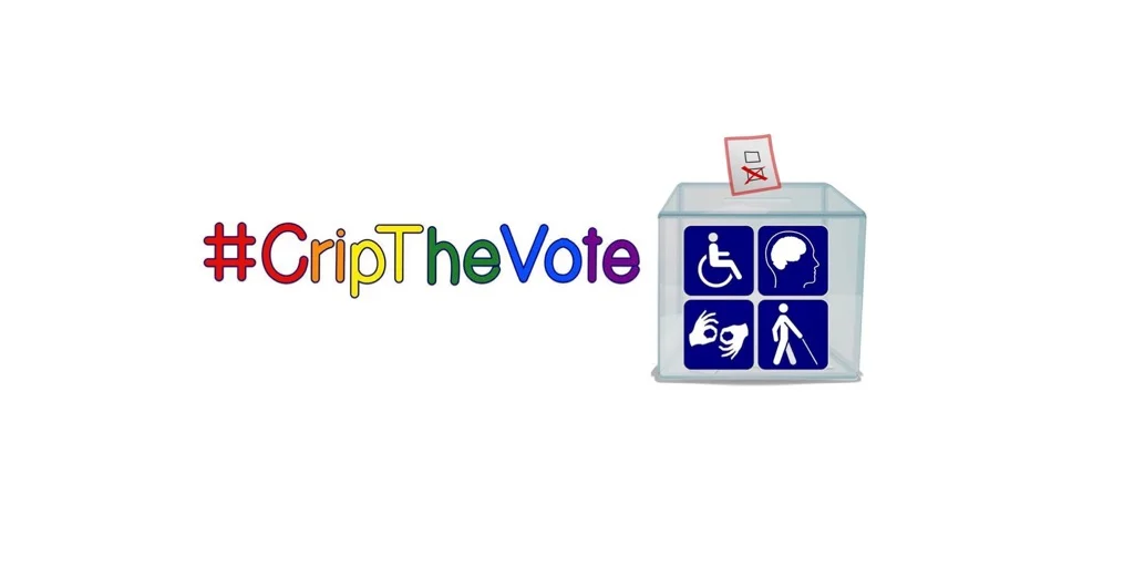 #CripTheVote logo, spelled out in rainbow colored letters, with icon of a ballot box with four disability symbols on the front