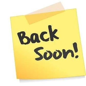 Illustration of a yellow post-it note with Back Soon! in black hand printed letters