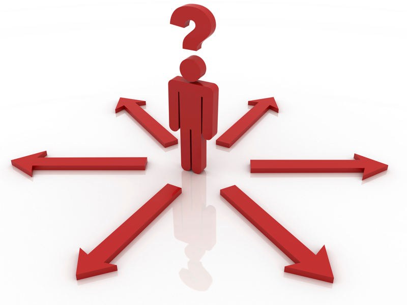 Red icon illustration of a stick figure with a question mark over its head and read arrows pointing away in all directions