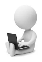 3 dimensional white stick figure sitting down and working on a laptop
