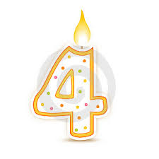 Illustration of a yellow and white number 4 with a lit candle on the top