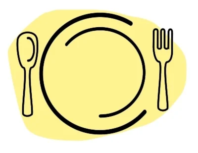 Iconic black and yellow illustration of a plate and eating utensils