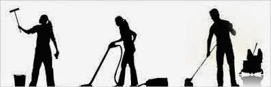 3 silouette figures of people doing house cleaning work