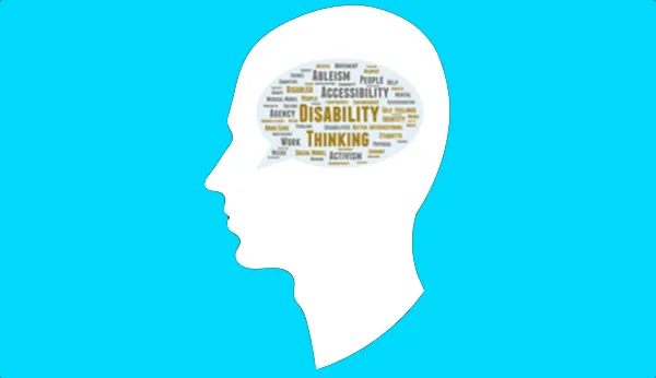 Icon of a white silhouette head with a word cloud inside containing words associated with disability thinking, against a light blue background