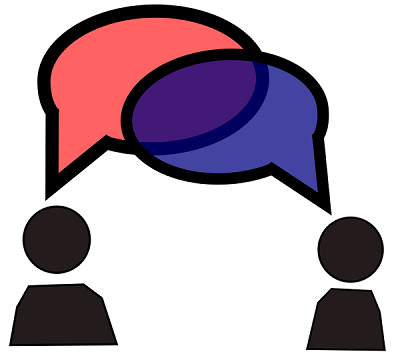Two stick figures with overlapping speech balloons over their heads