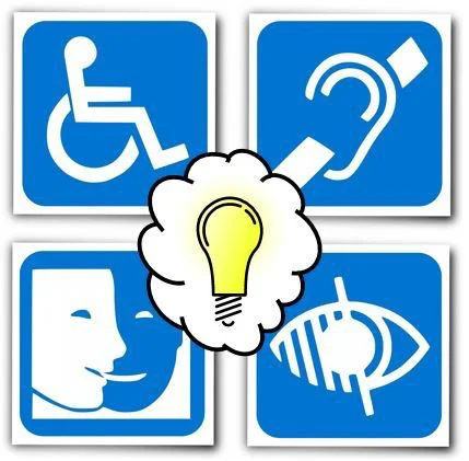 Grid of four different disability symbols with a light bulb image over them