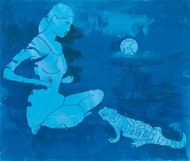 Ankalina Dahlem „Frau mit Erdball und Salamander“; 2002; Acryl auf Leinwand"