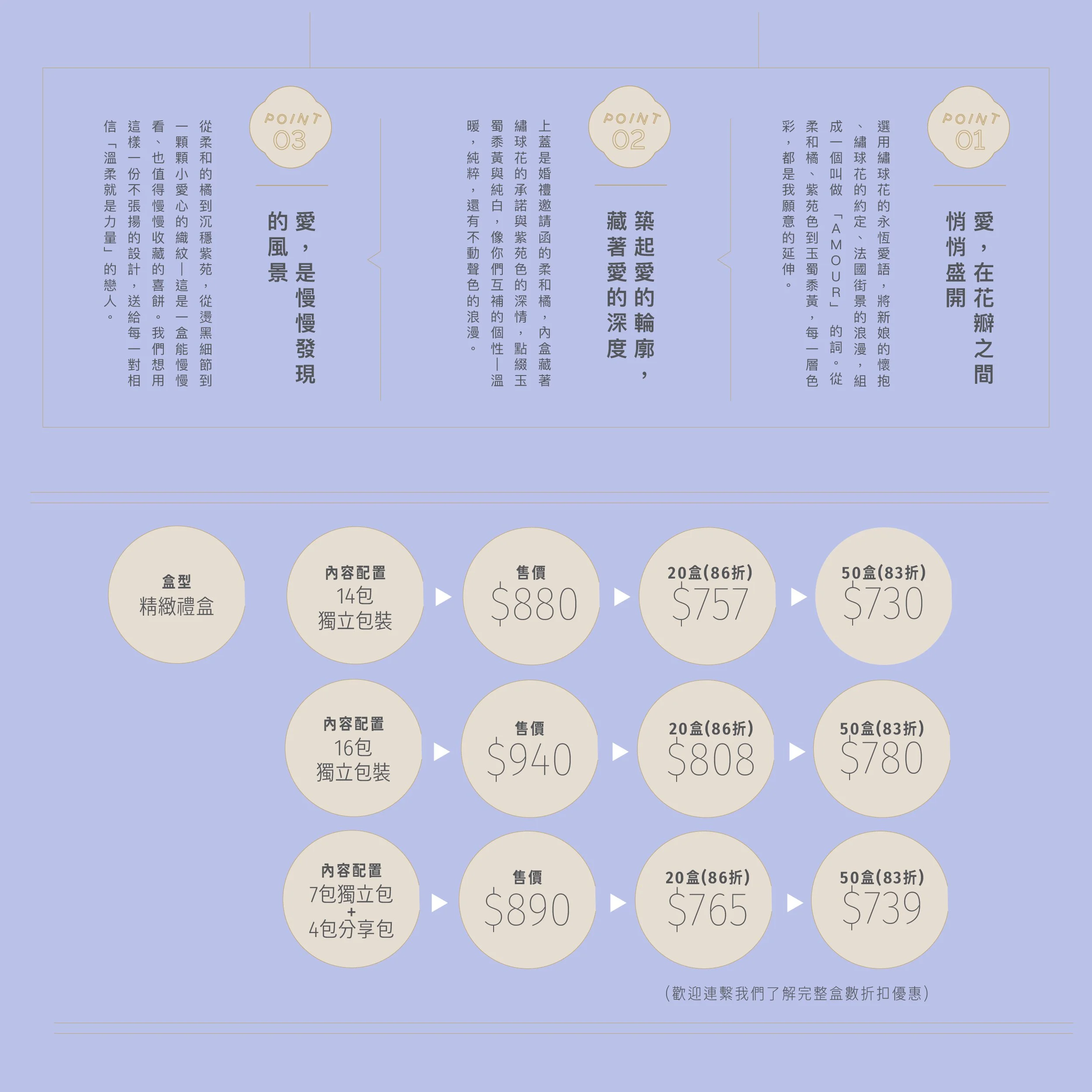選用繡球花的永恆愛語，將新娘的懷抱、繡球花的約定、法國街景的浪漫，組成一個叫做 「AMOUR」 的詞。從柔和橘、紫苑色到玉蜀黍黃，每一層色彩，都是我願意的延伸。