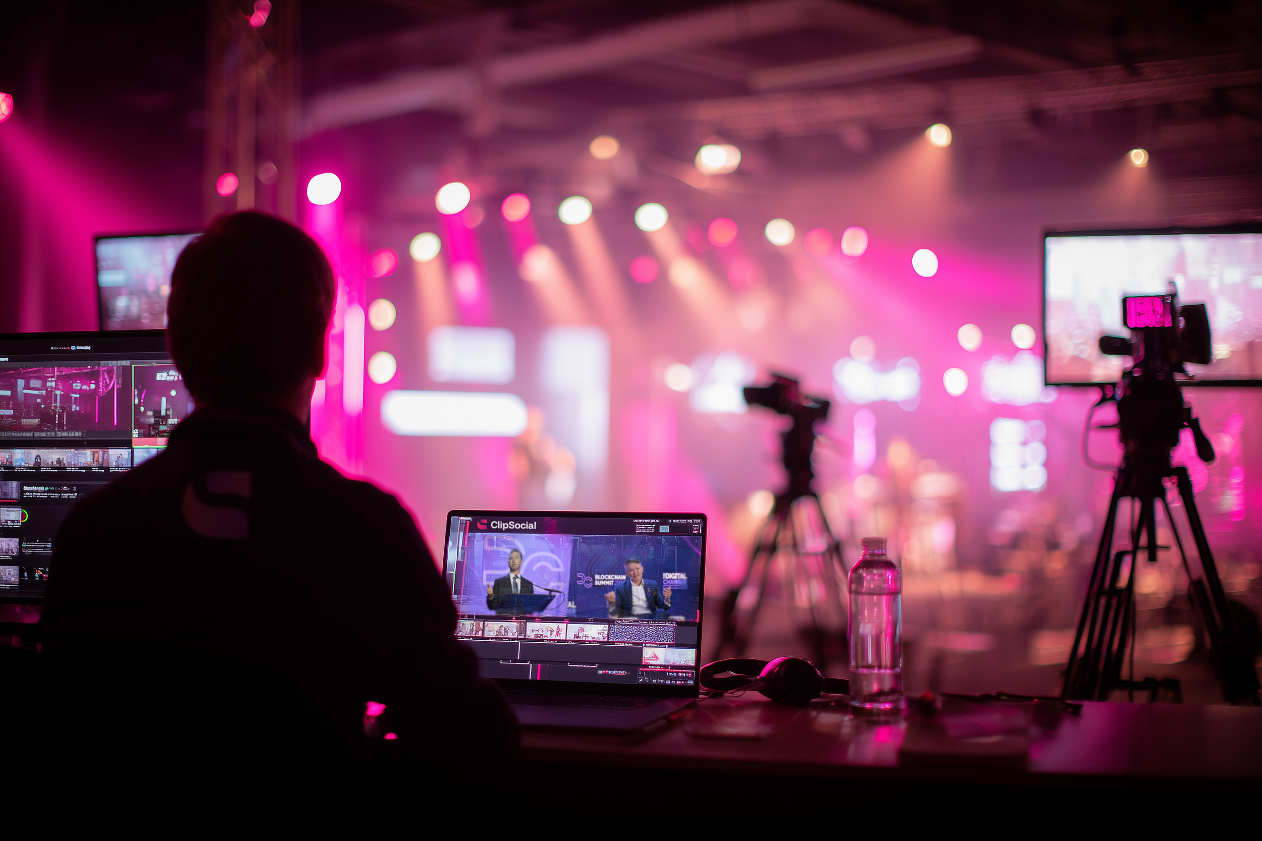 A person operating video equipment and cameras captures a stage event with pink and purple lighting, with blurry figures on stage in the background.