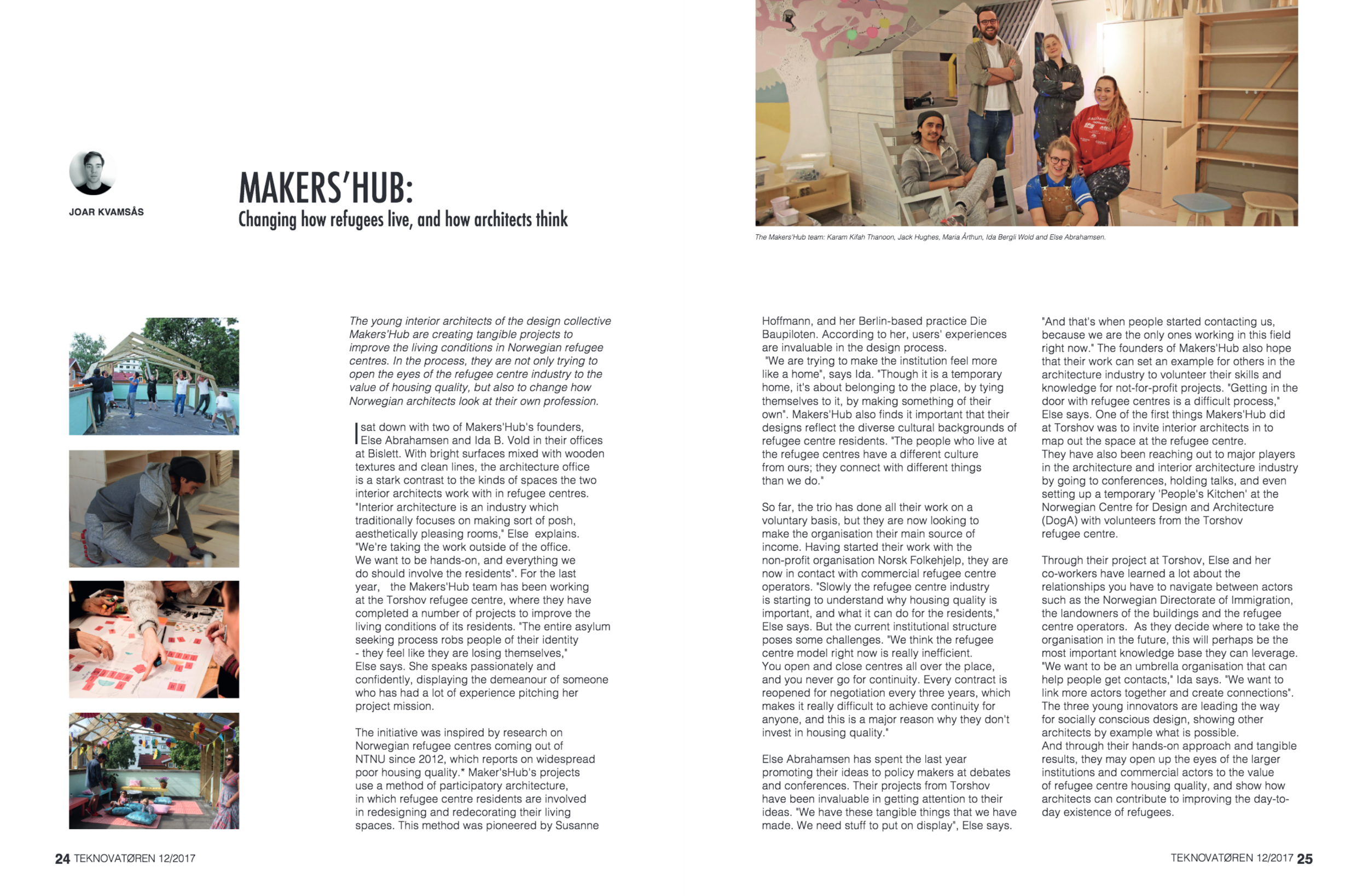 ARTICLE ABOUT MAKERSHUB WORK, January 2017: "Changing how refugees live, and how architects think", Teknovatøren