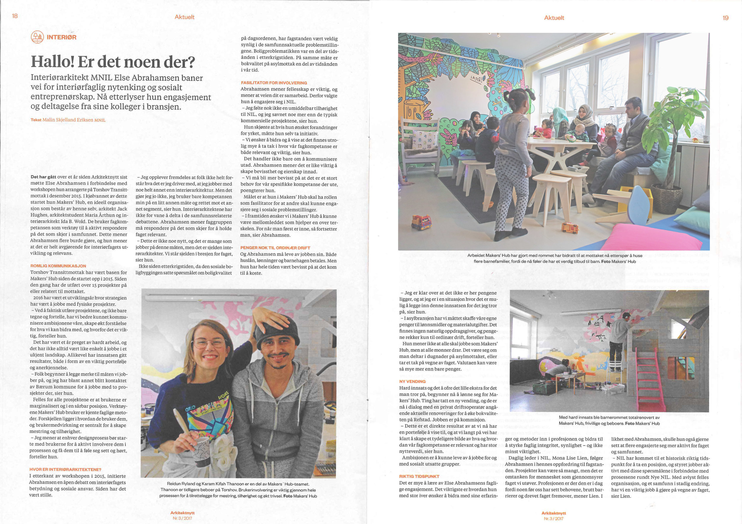 ARTICLE ABOUT PROJECT BARNEBASEN: "Hallo! Er det noen der?", Arkitektnytt #3, 2017