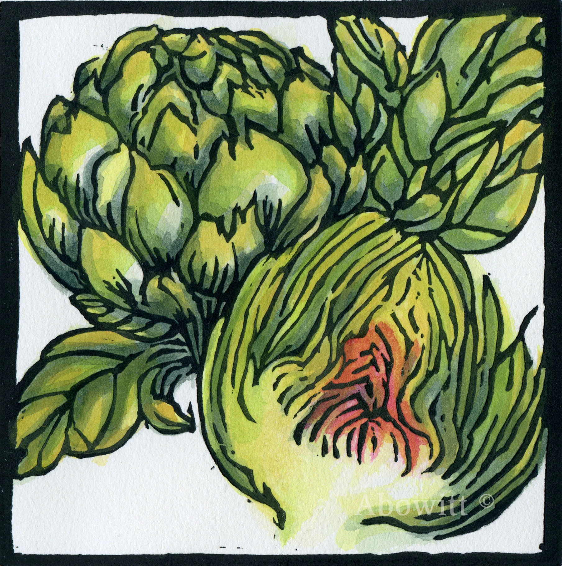 Artichokes. 4"x4" hand-colored linocut.
