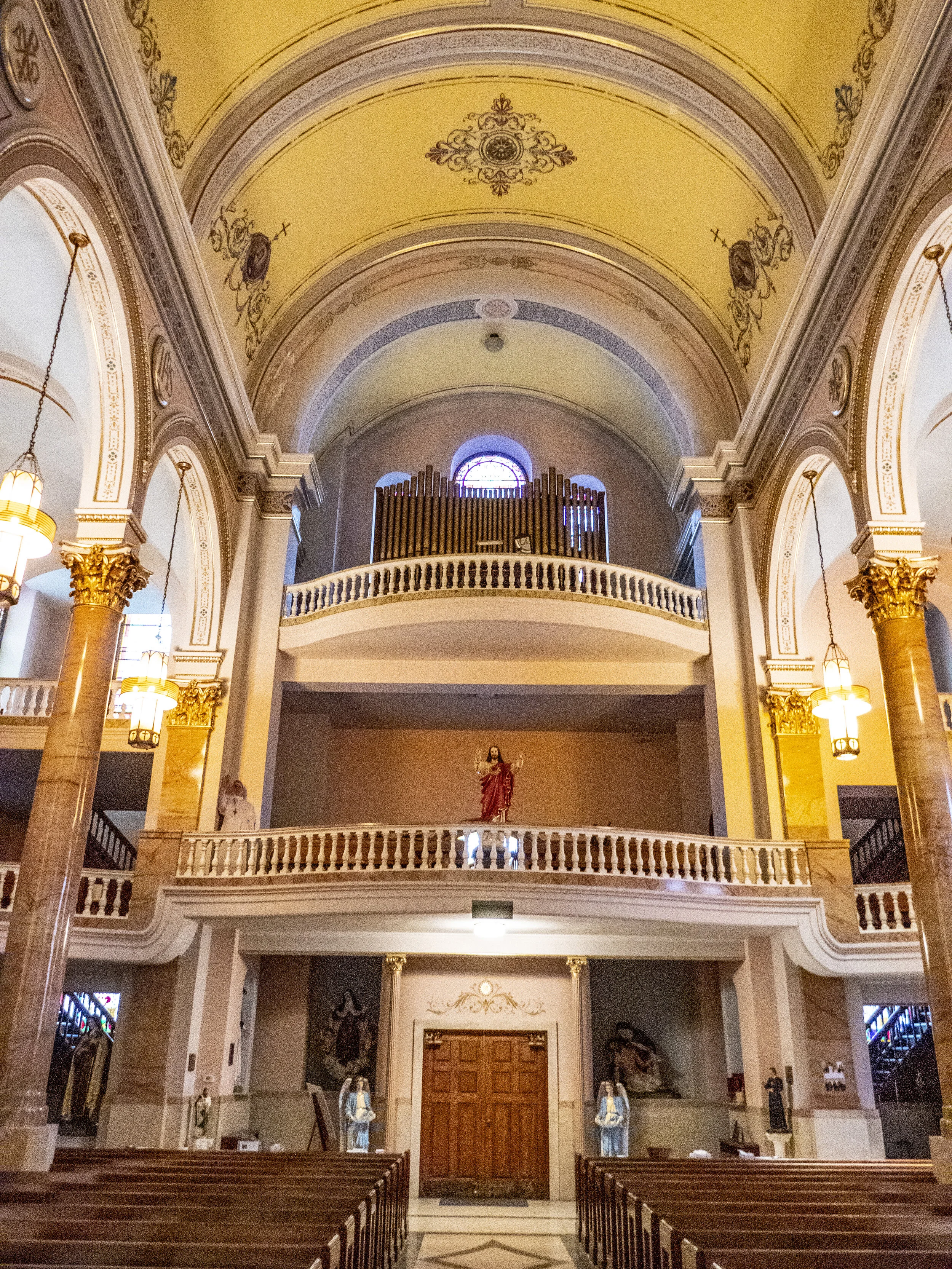 A feature that makes this beautiful, landmark church unique is its two balconies. The lower one is for seating, and the top one holds the typical organ and choir loft.