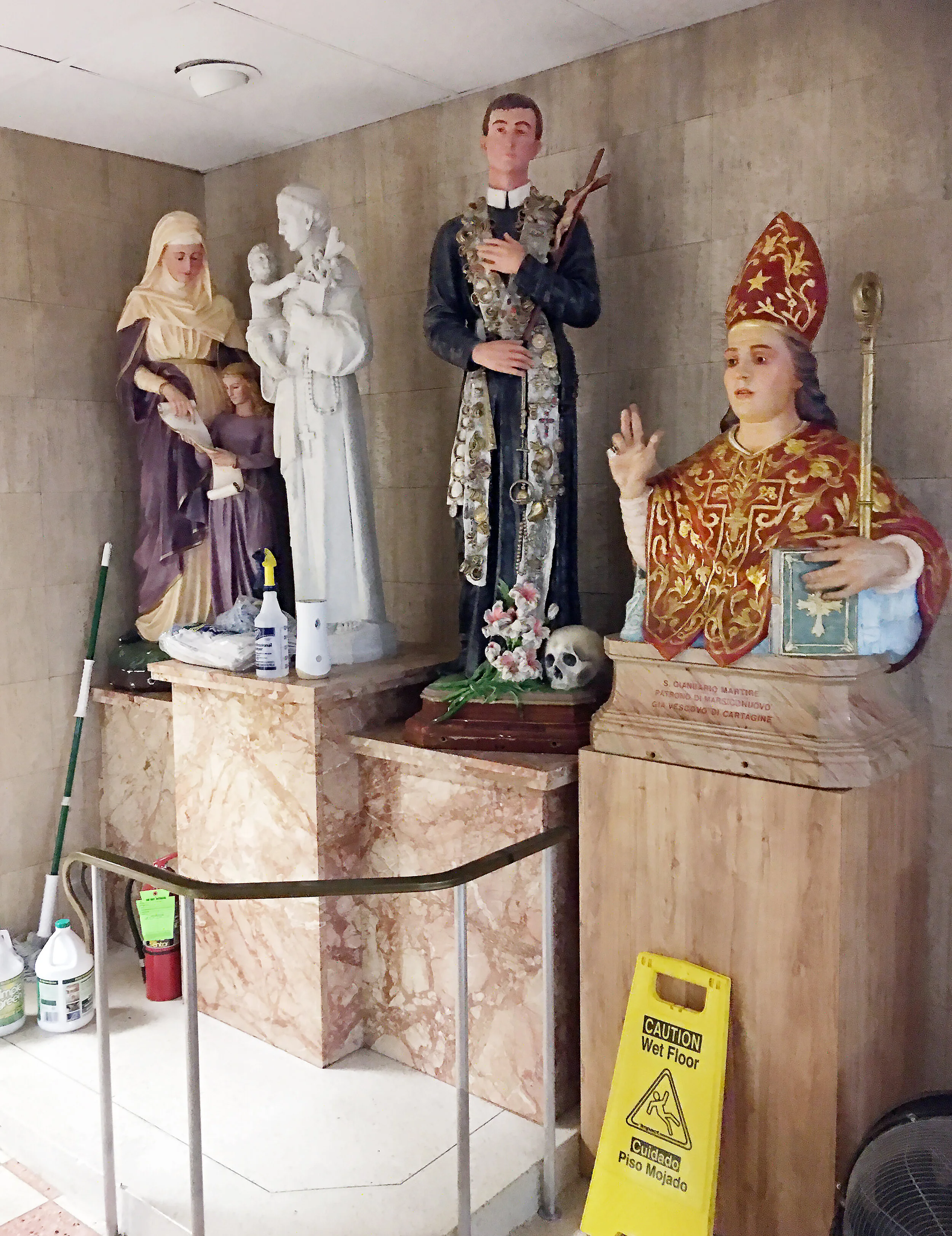 In the basement - a statue St. Januarius (rt), Bishop of Carthage and Martyr. He is the principal patron of Marsico Nuovo, a town in the province of Potenza in the Basilicata region of southern Italy.